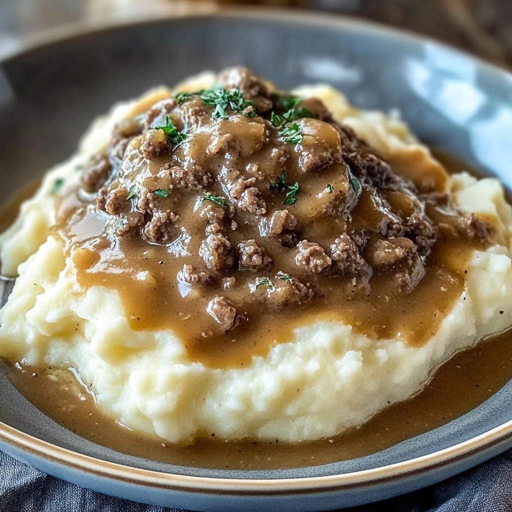 Recipe preparation for hamburger gravy over mashed potatoes