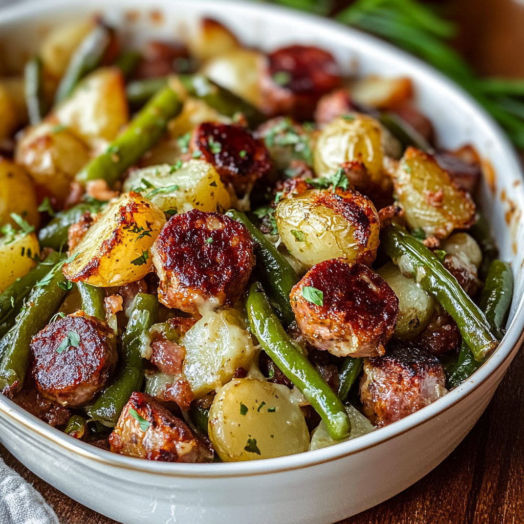 Recipe preparation for sausage green bean potato casserole