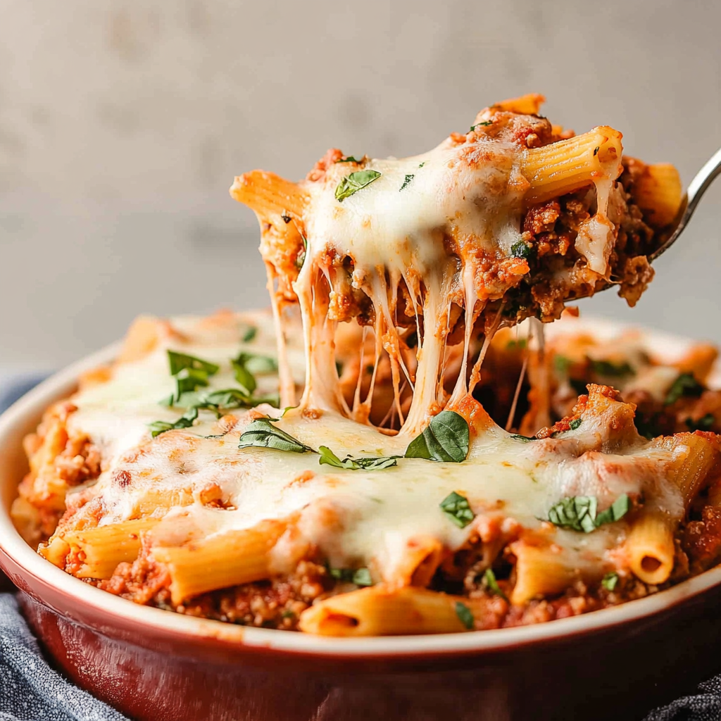 Recipe preparation for baked ziti with ground beef
