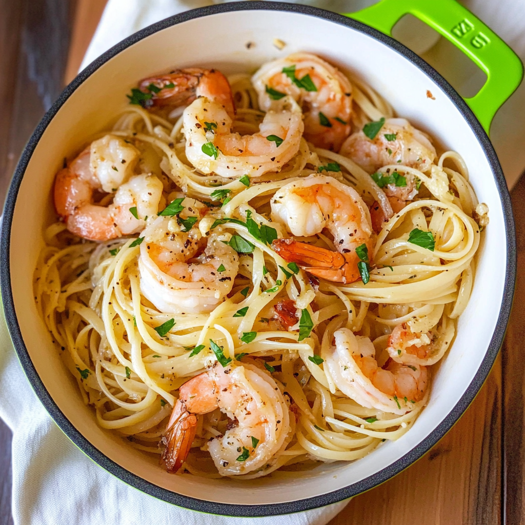 Recipe preparation for shrimp scampi pasta
