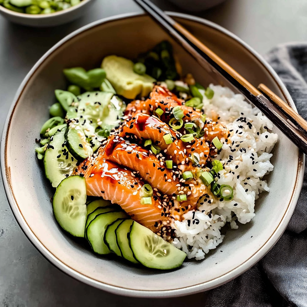 Recipe preparation for salmon sushi bowl