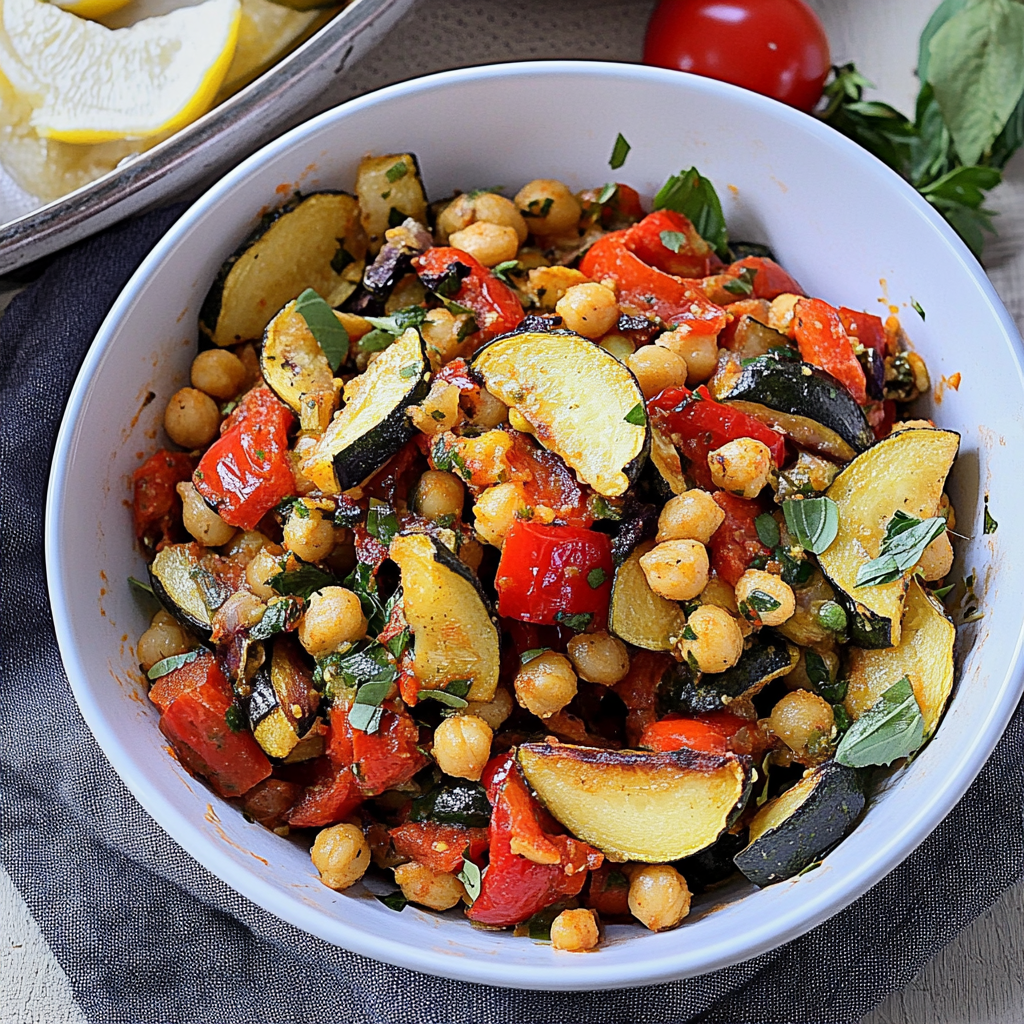 Recipe preparation for Chickpea & roasted vegetable salad