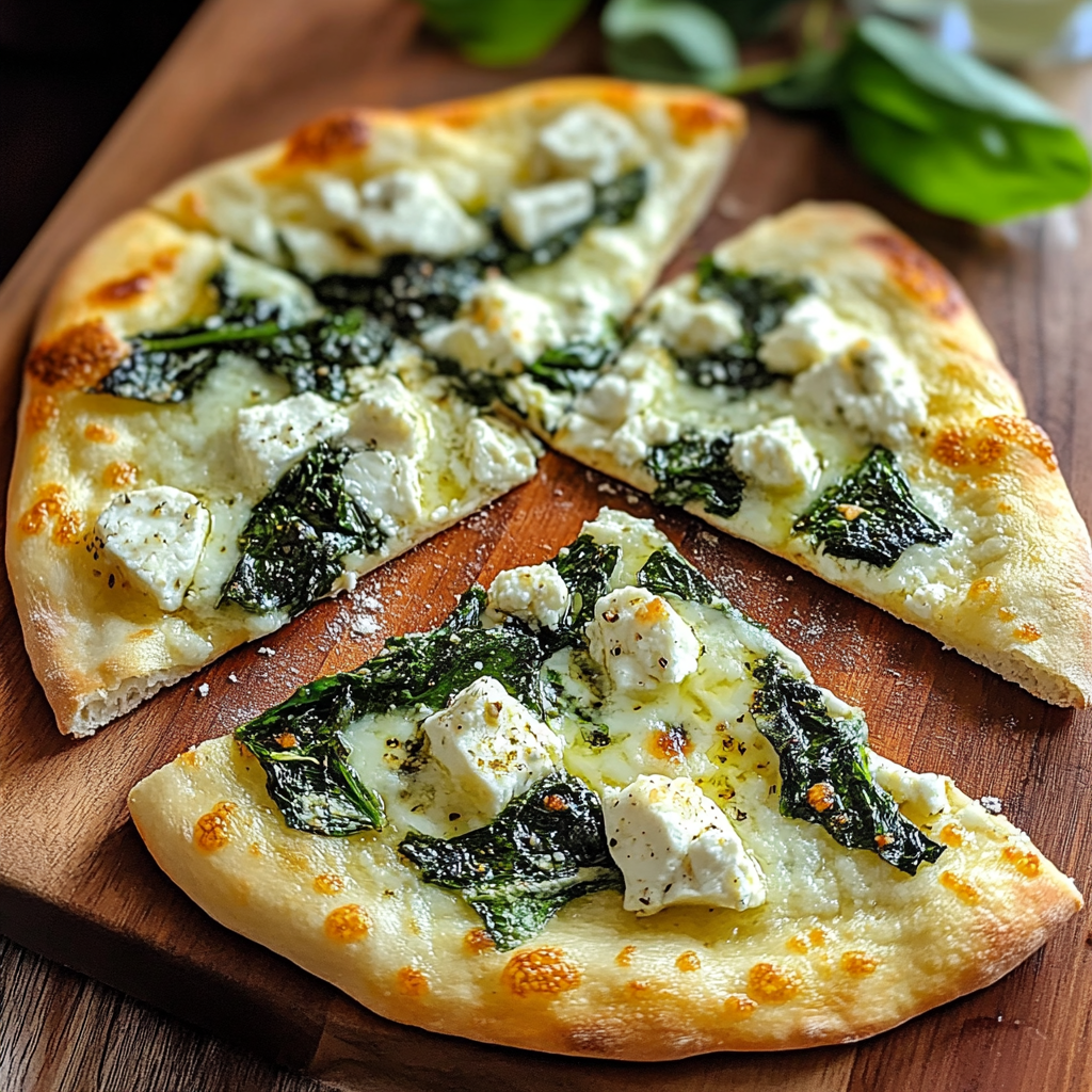 Recipe preparation for Greek Roasted Garlic Spinach White Pizza