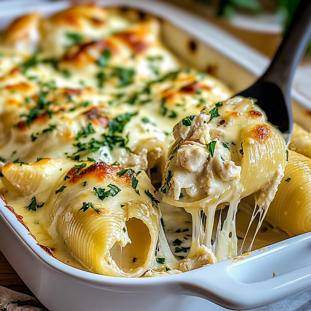 Recipe preparation for Cheesy Chicken Alfredo Stuffed Shells